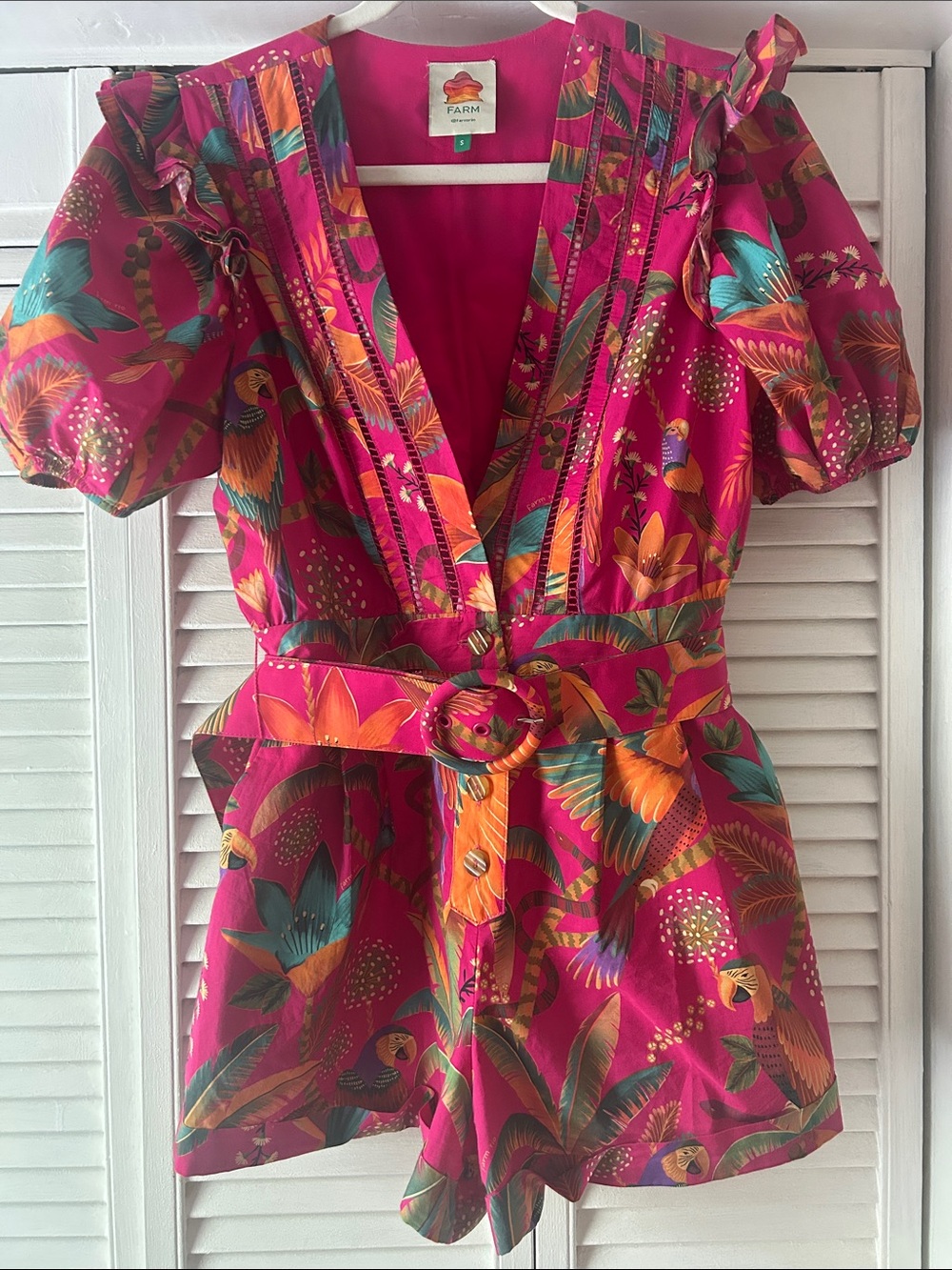 FARM Rio Hot Pink Tropical Belted Romper with Orange & Teal Accents